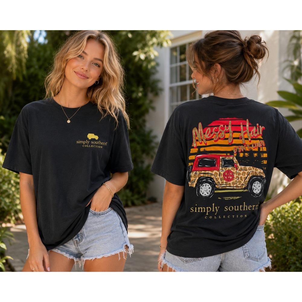 Simply Southern Long Sleeve T-Shirt Womens Medium Black Messy Hair Jeep Graphic